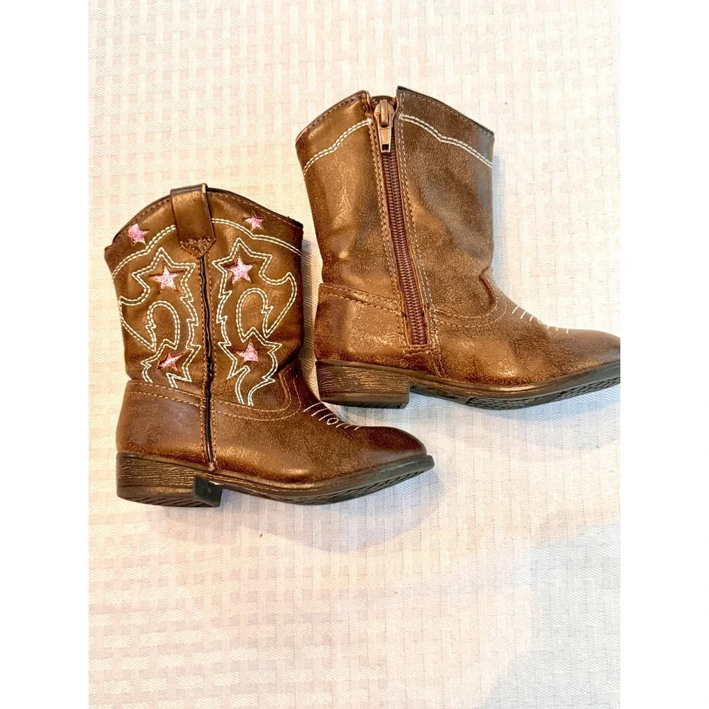 Wonder Nation Toddler Girl Brown Western Cowgirl Boots Pink Stars Size 7